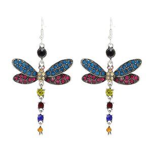 Multi Color Dragonfly Crystal Rhinestone Silver Plated Hook Earrings, V…